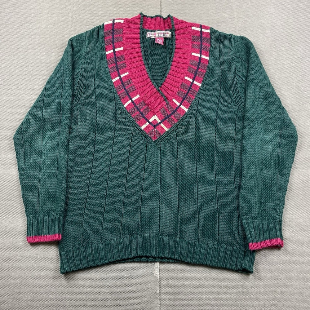 Vintage Paris Sport Club Sweater Womens Medium‎ Green Tennis Cricket V Neck Knit